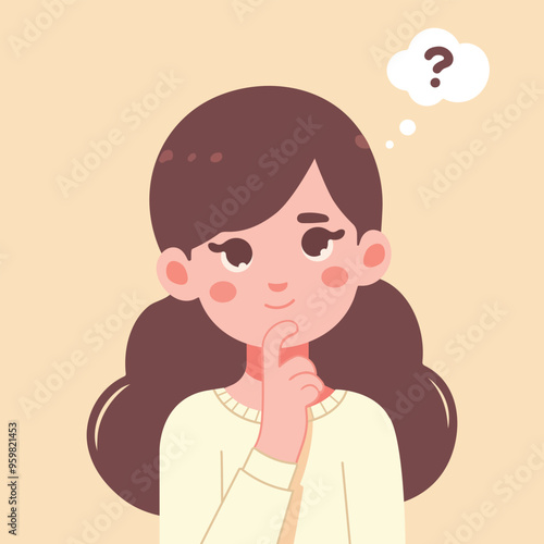 Flat Cartoon Illustration of a Confused Woman with a Questioning Expression