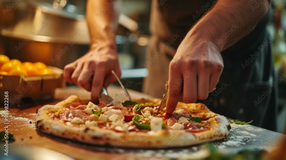 Close-up of hands crafting a gourmet pizza, arranging fresh basil and cherry tomatoes on a wooden board. The pizza's golden crust and vibrant ingredients highlight the care and artistry involved in Close-up of hands crafting a gourmet pizza, arranging fresh basil and cherry tomatoes on a wooden board. The pizza's golden crust and vibrant ingredients highlight the care and artistry involved in