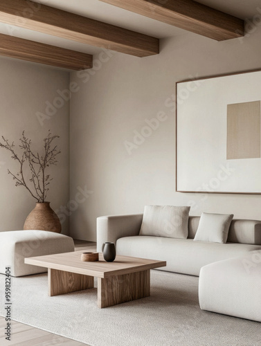 Minimalist living room interiors in neutral tones with natural lighting and elegant decor. Luxury interior design composition