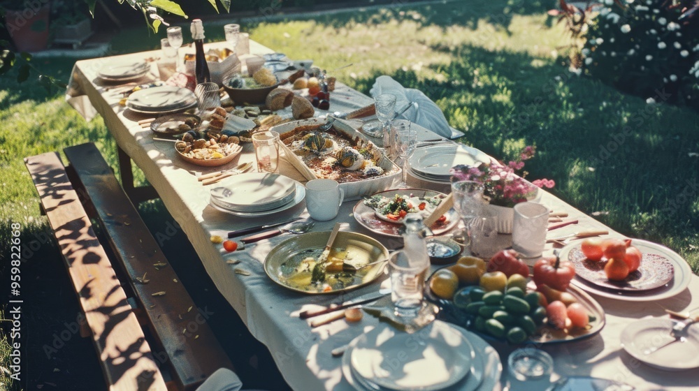 An inviting outdoor banquet spread on a long table under dappled sunlight, featuring a variety of dishes, breads, and fresh vegetables, ready for a garden feast. An inviting outdoor banquet spread on a long table under dappled sunlight, featuring a variety of dishes, breads, and fresh vegetables, ready for a garden feast.