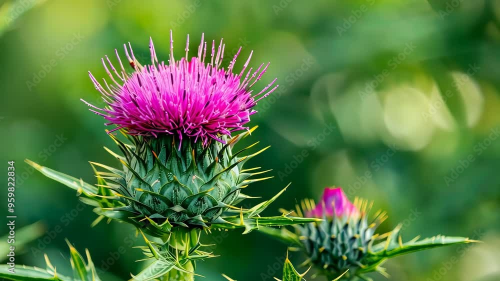 Close-up of a vibrant purple thistle with green background, nature photography. Wildflower and botanical garden concept Close-up of a vibrant purple thistle with green background, nature photography. Wildflower and botanical garden concept