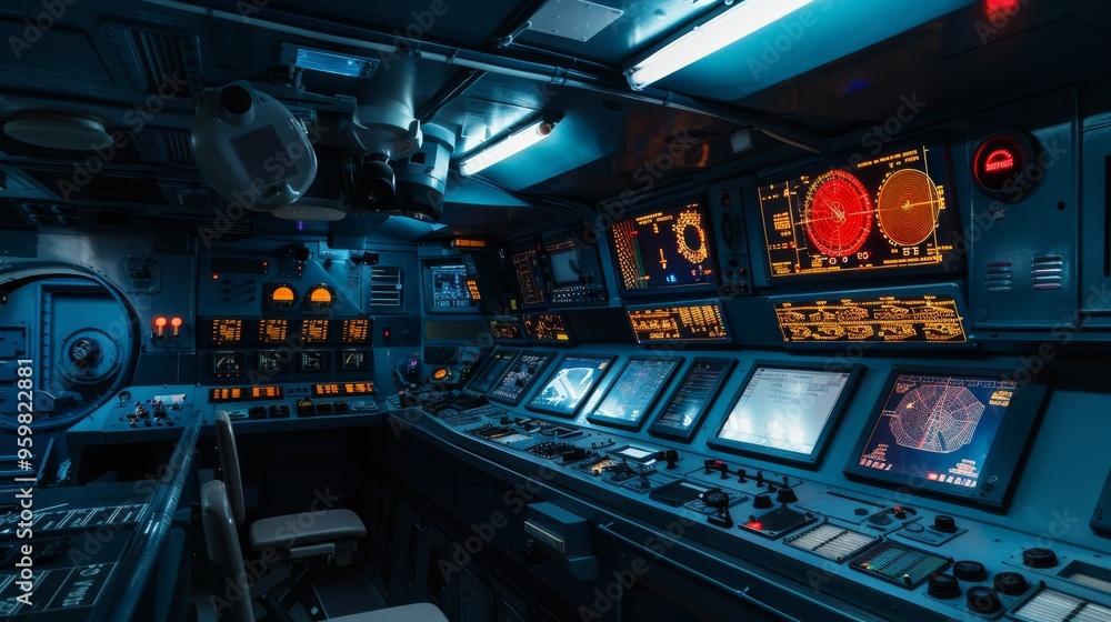 An advanced control room illuminated with various screens and controls, suggesting a high-tech mission control or command center. An advanced control room illuminated with various screens and controls, suggesting a high-tech mission control or command center.