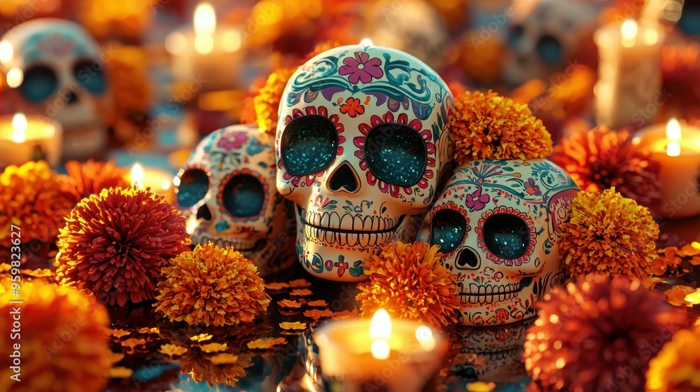 Day of the Dead Sugar Skulls and Marigolds. Day of the Dead Sugar Skulls and Marigolds.