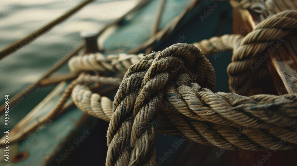 Close-up of intertwined, weathered rope on a boat, creating a rugged and maritime feel with a soft-focus background of water. Close-up of intertwined, weathered rope on a boat, creating a rugged and maritime feel with a soft-focus background of water.