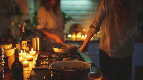 In a cozy, candlelit kitchen, two women are engaged in cooking, creating a warm and intimate atmosphere. The soft lighting and focus on meal preparation make this image perfect for themes of home