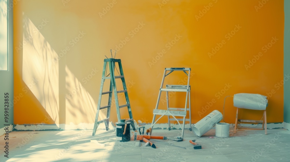 Fototapeta premium Ladders and painting equipment are set against a bright orange wall, indicative of an ongoing renovation project alive with color and potential.