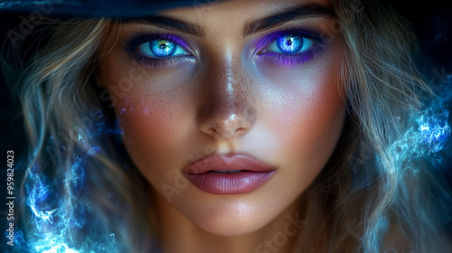 A woman with blue eyes and purple eyeshadow