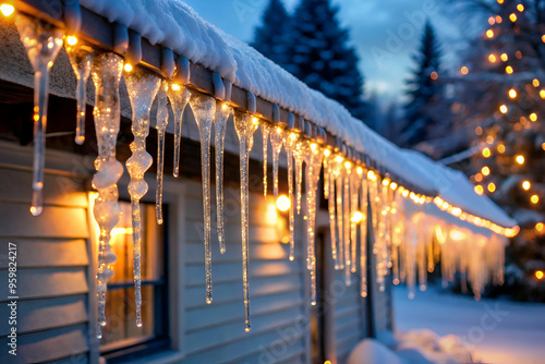 A house with icicles hanging from the roof. The icicles are lit up with lights, creating a festive and cozy atmosphere