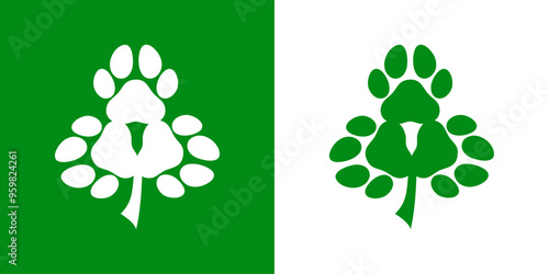 Logo pet friendly. Día de San Patricio. Silueta de pata de gato o perro como hojas de un trébol