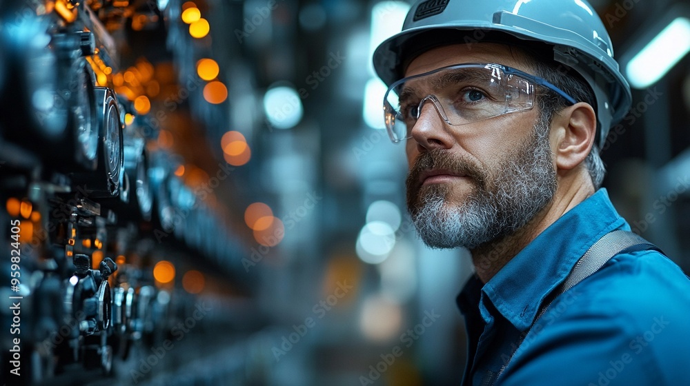 Focused Industrial Worker: A seasoned industrial worker, clad in safety gear, intently inspects a complex machinery panel, his focused gaze and furrowed brow reflect a dedication to precision. Focused Industrial Worker: A seasoned industrial worker, clad in safety gear, intently inspects a complex machinery panel, his focused gaze and furrowed brow reflect a dedication to precision.