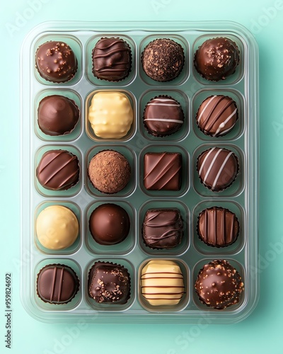 Topview shot of a plastic container filled with assorted gourmet chocolates