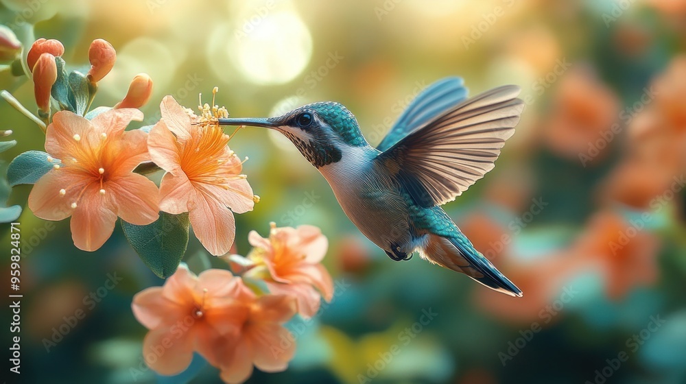 Naklejka premium Hummingbird in Flight, Feeding on Flowers