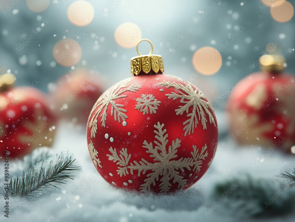Red and gold Christmas ornament with festive bokeh lights Red and gold Christmas ornament with festive bokeh lights