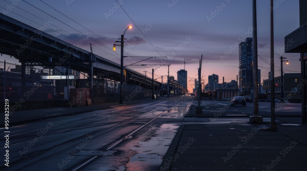 Evening descends on an empty urban thoroughfare with long shadows. Evening descends on an empty urban thoroughfare with long shadows.