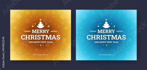 Merry Christmas and Happy New Year social media post design template set vector illustration. Winter holiday congratulations greeting card with spruce glow spark snowflakes snowfall blizzard effect
