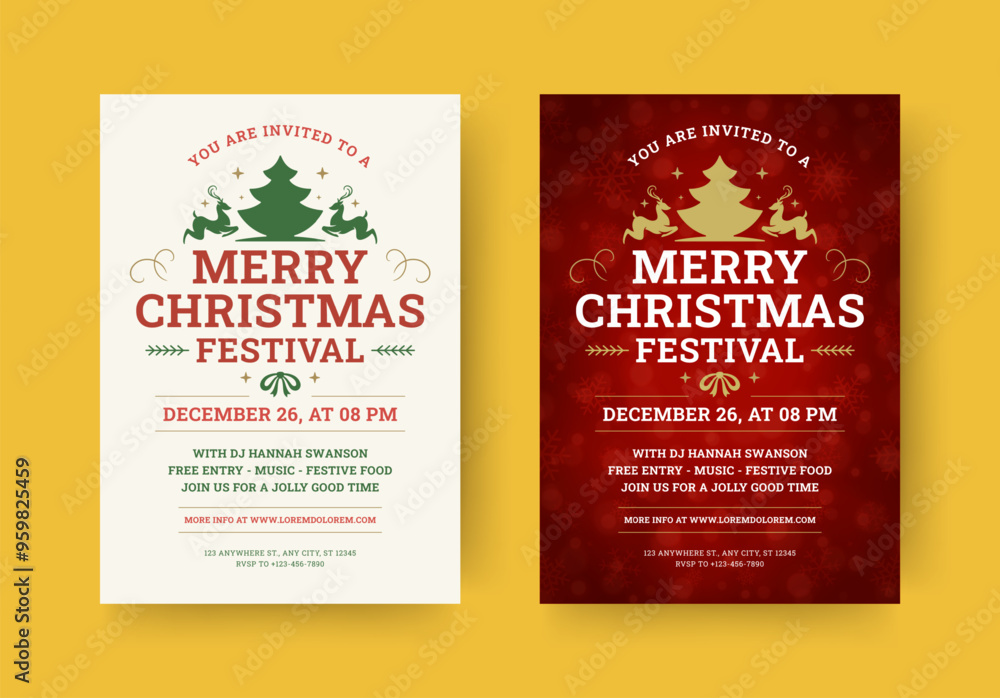 Merry Christmas festival invitation retro flyer design template set vector illustration. Happy winter holiday New Year Xmas celebration event classic advertising poster with spruce and deer Merry Christmas festival invitation retro flyer design template set vector illustration. Happy winter holiday New Year Xmas celebration event classic advertising poster with spruce and deer