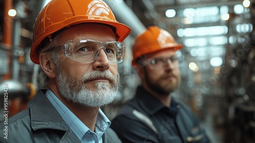 Industrial Expertise: A seasoned engineer and his colleague, clad in safety gear, exude an air of quiet confidence amidst the intricate network of pipes and machinery in a heavy industry setting.  photo