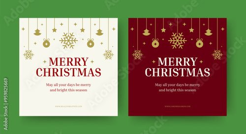 Merry Christmas retro luxury social media post design template set vector flat illustration. Winter holiday Xmas Happy New Year festive celebration vintage greeting card with hanged golden toy decor
