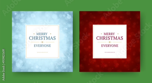 Merry Christmas everyone decorative social media post design template set vector illustration. Happy New Year best wishes winter holiday congratulations greeting card abstract snow bokeh background