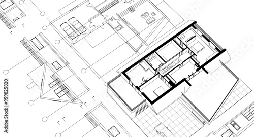 house traditional architecture plan 3d illustration 