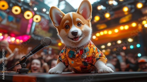 A cheerful corgi puppy in a colorful shirt performs on stage with a microphone, entertaining a lively crowd. photo