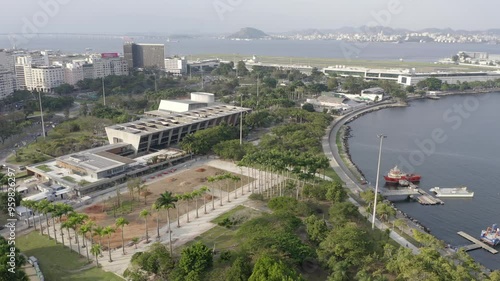 Rio de Janeiro, Brazil - August 2024: Museum of Modern Art (MAM), seat of the G20 Summit 2024 - wide aerial shot of the MAM with the Niteroi Bridge, city centre, Santos Dumont Airport and Guanabara photo