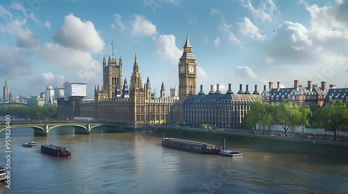 The Houses of Parliament and Big Ben with River Thames in London