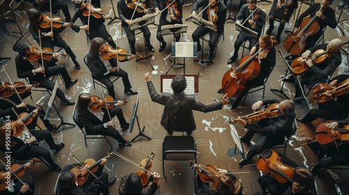 An overhead view captures a symphony orchestra in the midst of a performance, with the conductor leading the musicians passionately.