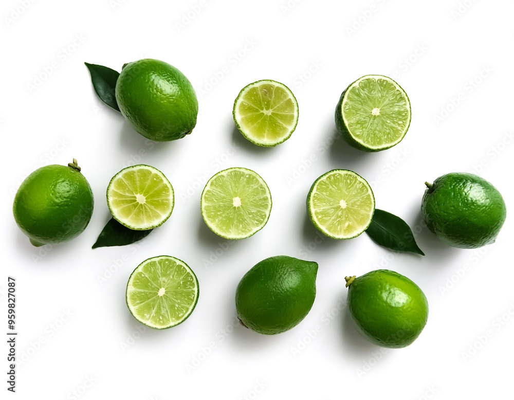 Lime fruits with slices and green leaves isolated on white background Lime fruits with slices and green leaves isolated on white background