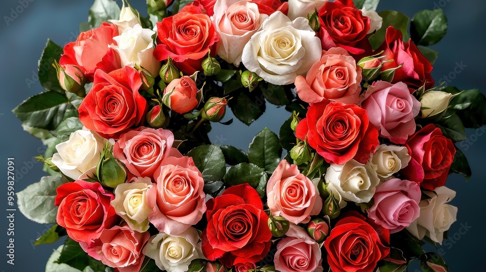 A beautiful heart-shaped wreath made of vibrant roses in red, pink, and white tones, perfect for decoration or gifts. A beautiful heart-shaped wreath made of vibrant roses in red, pink, and white tones, perfect for decoration or gifts.