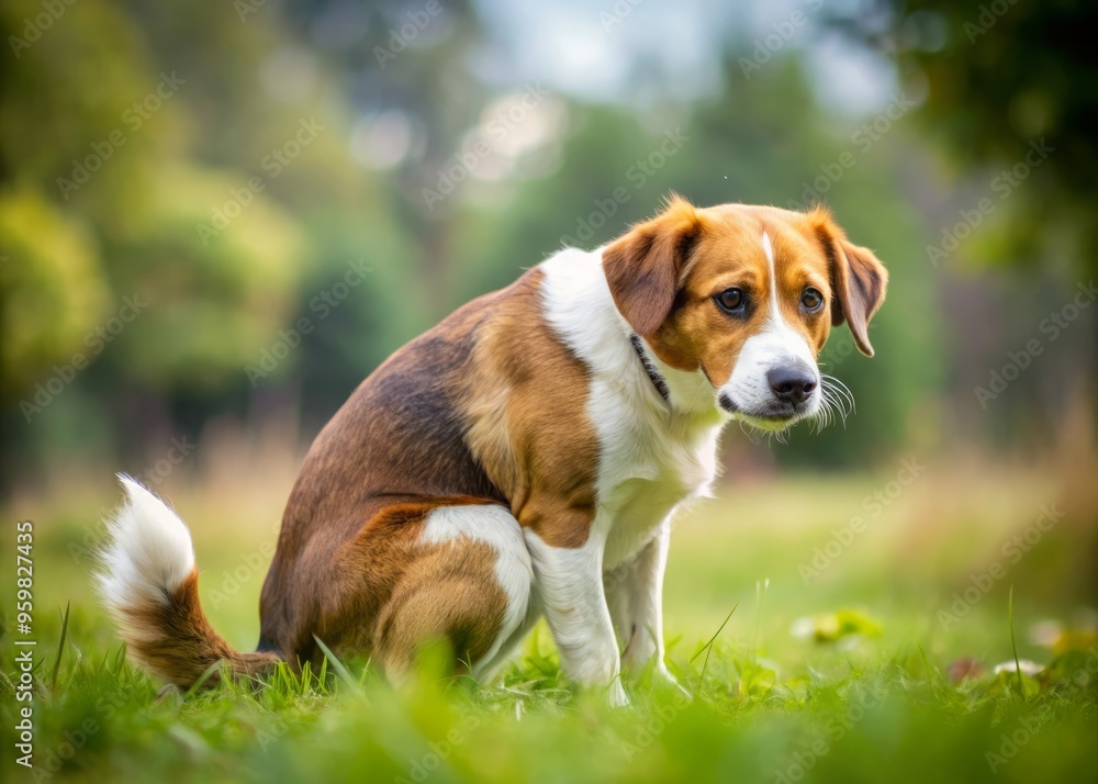 Brown and white dog hunching down on grass patch, actively pooping. Brown and white dog hunching down on grass patch, actively pooping.