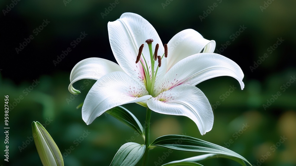 Fototapeta premium A stunning white lily bloom showcasing intricate petals and vibrant green foliage, perfect for nature and floral photography.