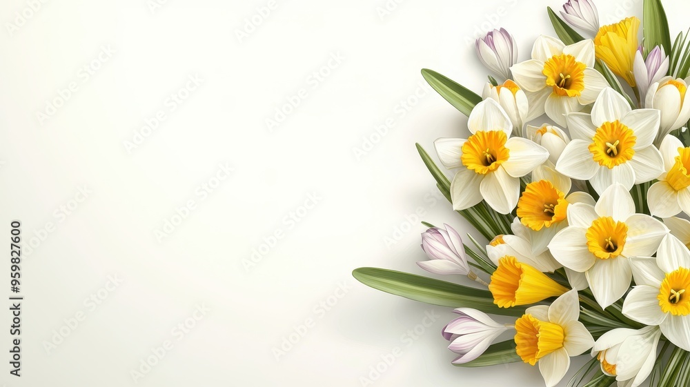 A vibrant bouquet of daffodils and crocuses on a soft pastel background, perfect for springtime and floral design. A vibrant bouquet of daffodils and crocuses on a soft pastel background, perfect for springtime and floral design.