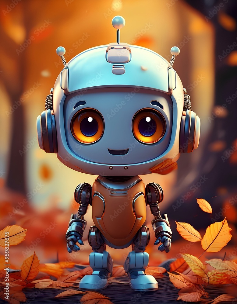 a 3d cute friendly bot character on autumn a 3d cute friendly bot character on autumn