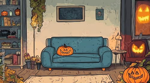 A charming modern apartment showcases a vibrant blue couch with decorative pillows next to playful pumpkins and Halloween artwork, creating a festive autumn atmosphere