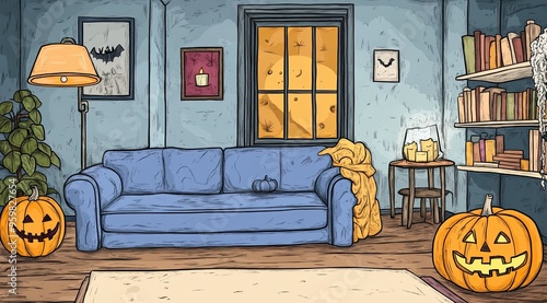 A charming modern apartment showcases a vibrant blue couch with decorative pillows next to playful pumpkins and Halloween artwork, creating a festive autumn atmosphere