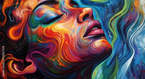 32. **Vivid face art with swirling colors and energetic patterns surrounding a human face**