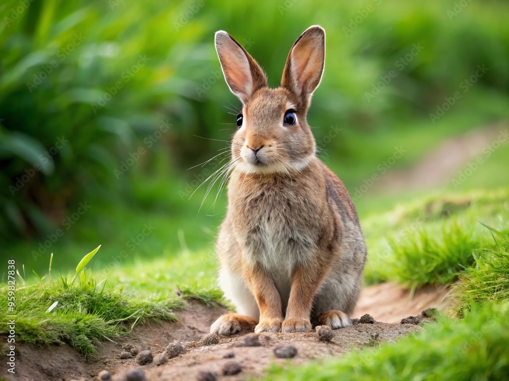 Brown rabbit sitting in grassy field, surrounded by its own footprints in the dirt Brown rabbit sitting in grassy field, surrounded by its own footprints in the dirt
