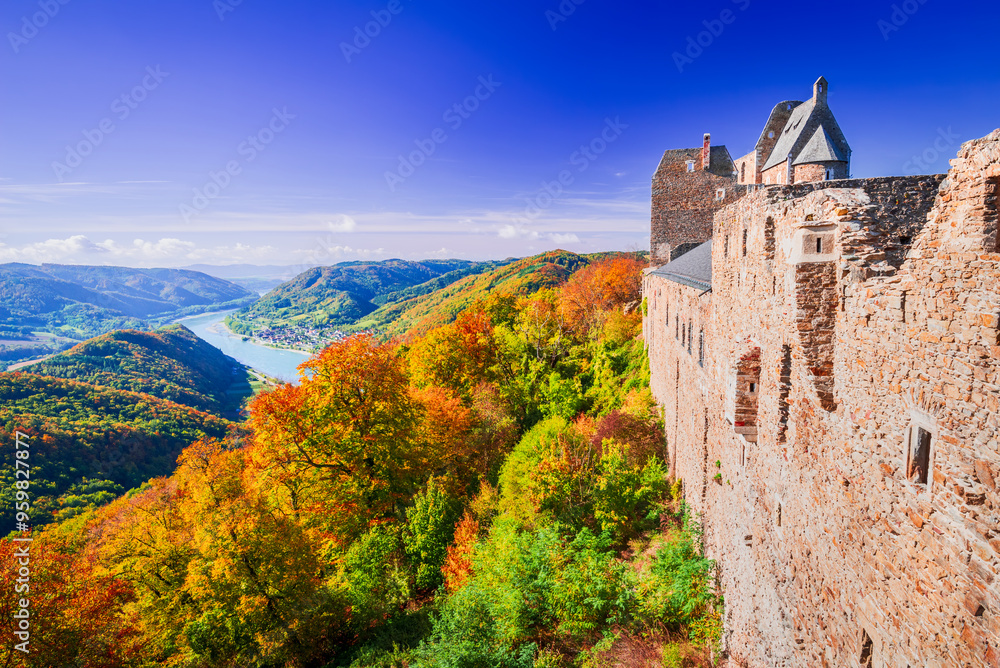 Aggstein Burg, Austria. Beautiful landscape with Danube River at sunset, Wachau Valley.