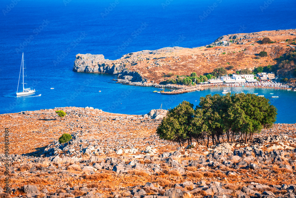 Lindos, Rhodes. Beautiful Lindos Beach, amazing place in Greek Islands, Aeagean Sea.