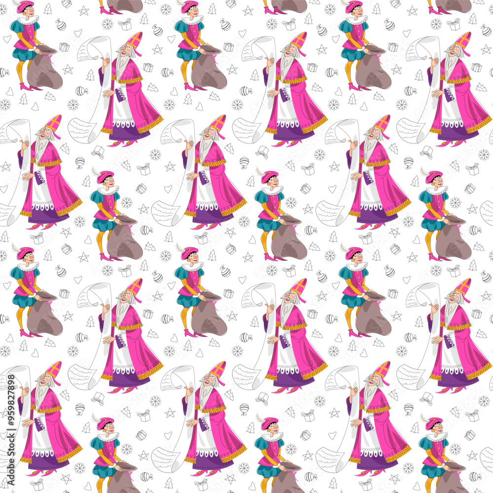 Christmas in Holland. Sinterklaas (Saint Nicholas) holds a list and his helper with a bag of gifts for children. Seamless background pattern. Christmas in Holland. Sinterklaas (Saint Nicholas) holds a list and his helper with a bag of gifts for children. Seamless background pattern.