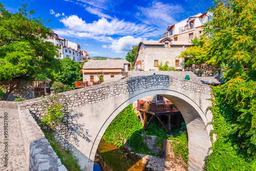 Obraz na płótnie Mostar, Bosnia. Old town street and bridge, Bosnia and Herzegovina. Balkan Peninsula travel destination. w salonie
