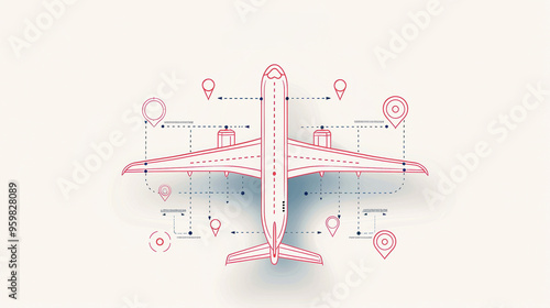 An infographic-style illustration of an airplane with travel routes and destinations marked. This artwork highlights the connectivity and excitement of global travel photo