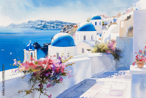 Charming watercolor painting of Santorini's blue-domed churches and vibrant flowers. Ideal for travelers