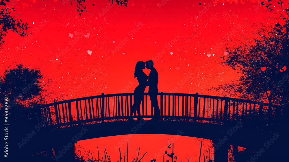 Naklejka premium Couple hugging and kissing on a bridge connecting two coasts, concept art, illustration.