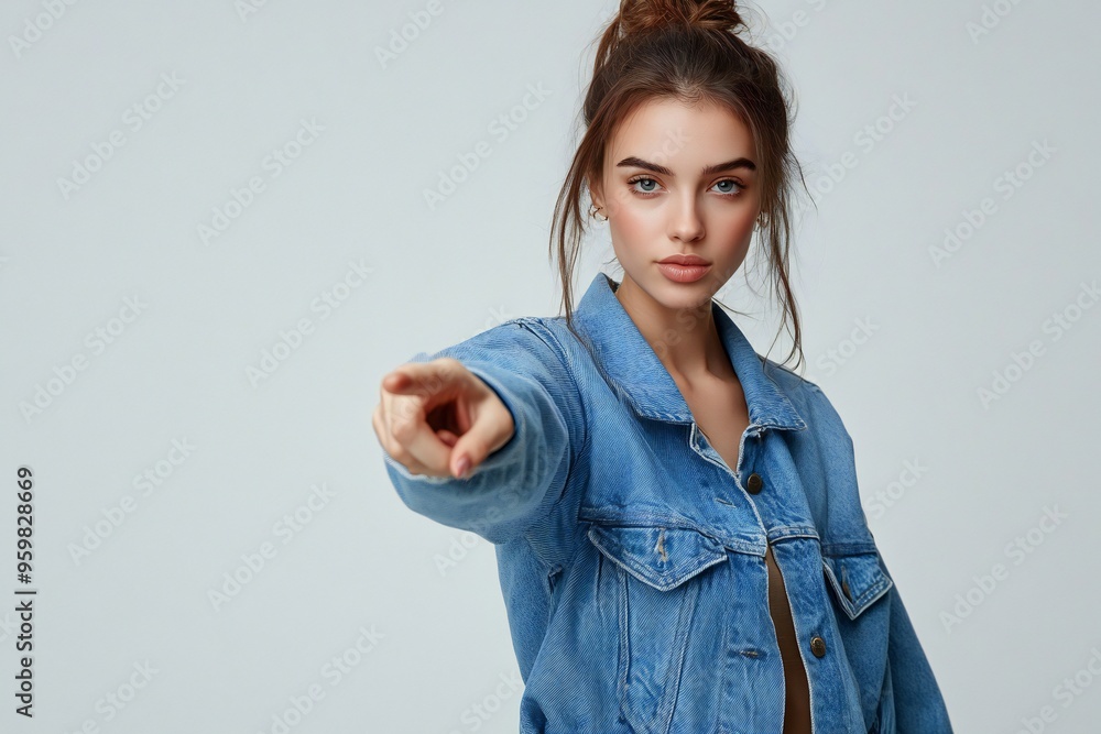 Photo portrait of attractive young woman point empty space dressed stylish blue clothes isolated on white color background Photo portrait of attractive young woman point empty space dressed stylish blue clothes isolated on white color background