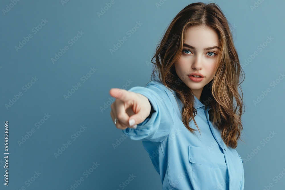 Photo portrait of attractive young woman point empty space dressed stylish blue clothes isolated on gray color background Photo portrait of attractive young woman point empty space dressed stylish blue clothes isolated on gray color background