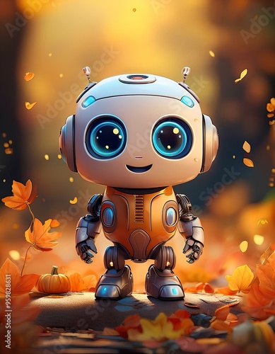 a 3d cute friendly bot  character on autumn photo