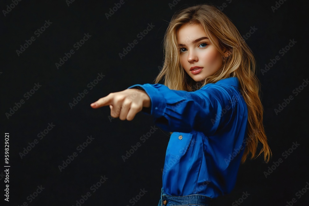 Photo portrait of attractive young woman point empty space dressed stylish blue clothes isolated on black color background Photo portrait of attractive young woman point empty space dressed stylish blue clothes isolated on black color background