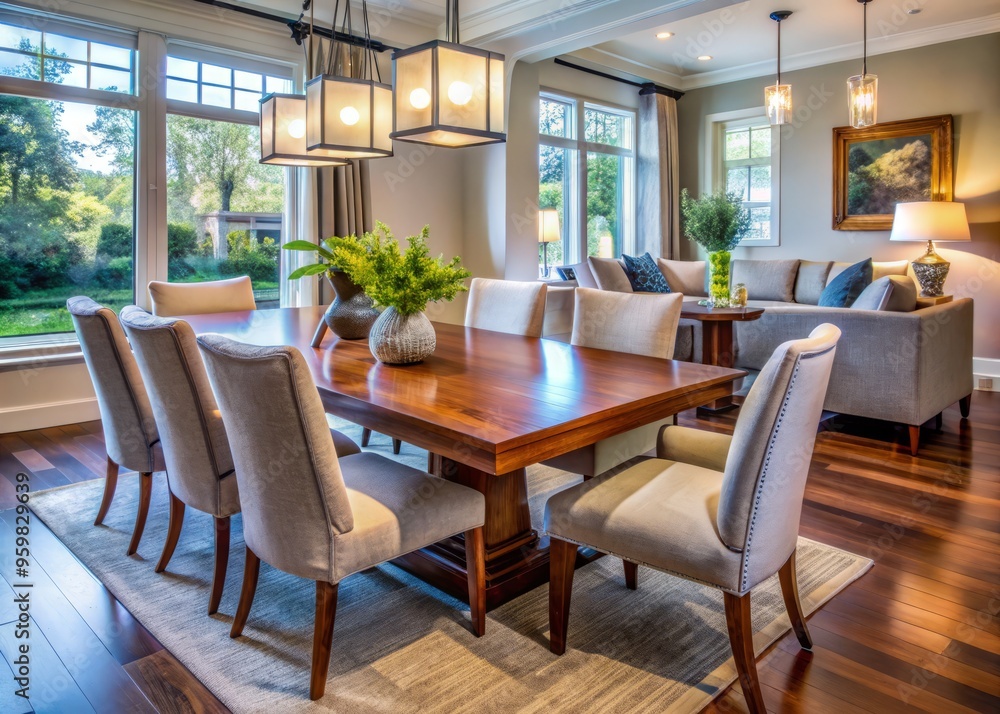 Fototapeta premium Close-up of a dining room table and chairs with nearby furniture in a cozy and inviting atmosphere